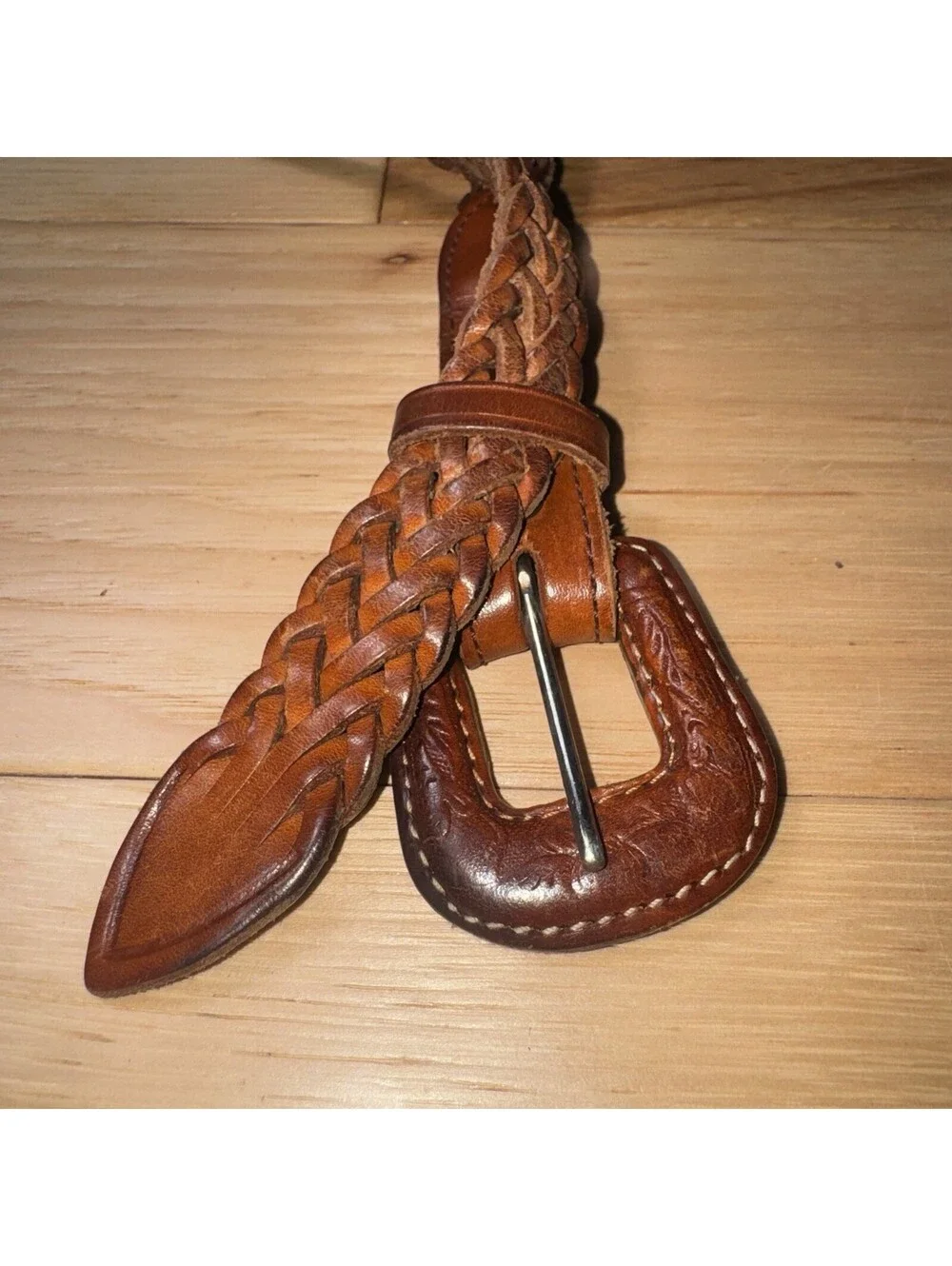 Vintage Leegin Braided Leather Belt Western Tooled Buckle Brown Size L 35”